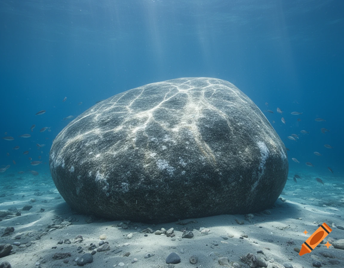 Photorealistic image of a large, dark rock on a sandy ocean floor, bathed in dappled sunlight, with small fish swimming in the clear blue water.