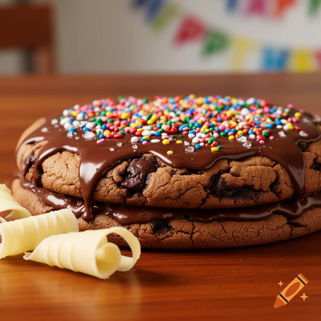 A close-up of a chocolate cookie cake with chocolate ganache, colorful sprinkles, and white chocolate curls on a wooden table, with blurred party banners in the background.