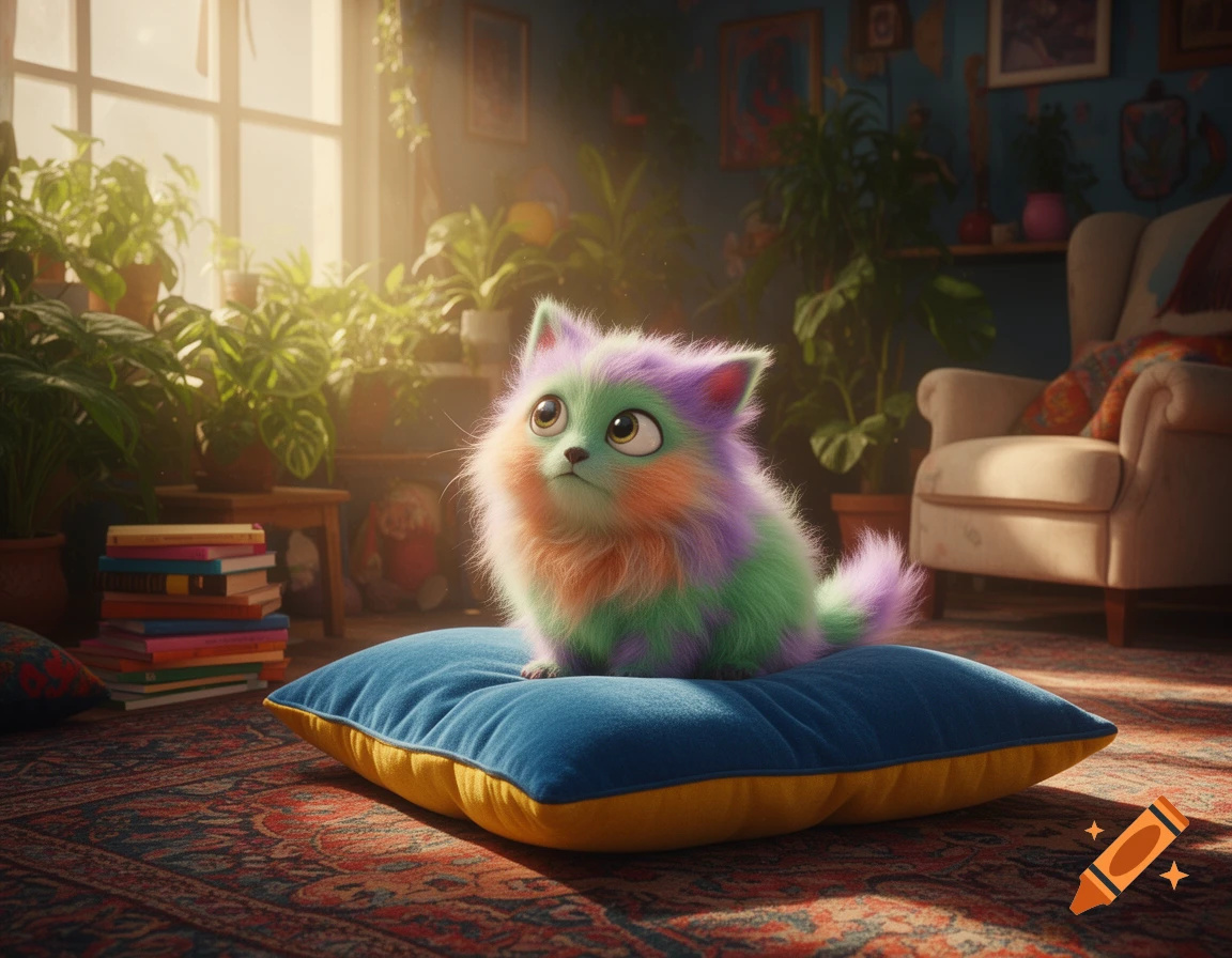 A fluffy, multicolored cat-like creature with big eyes sits on a blue pillow in a sunlit room filled with plants.