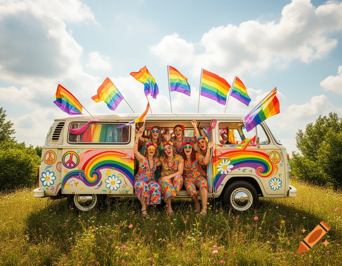 Six joyful women celebrating Pride Month from a rainbow-decorated hippie van, waving pride flags in a sunny, grassy field.