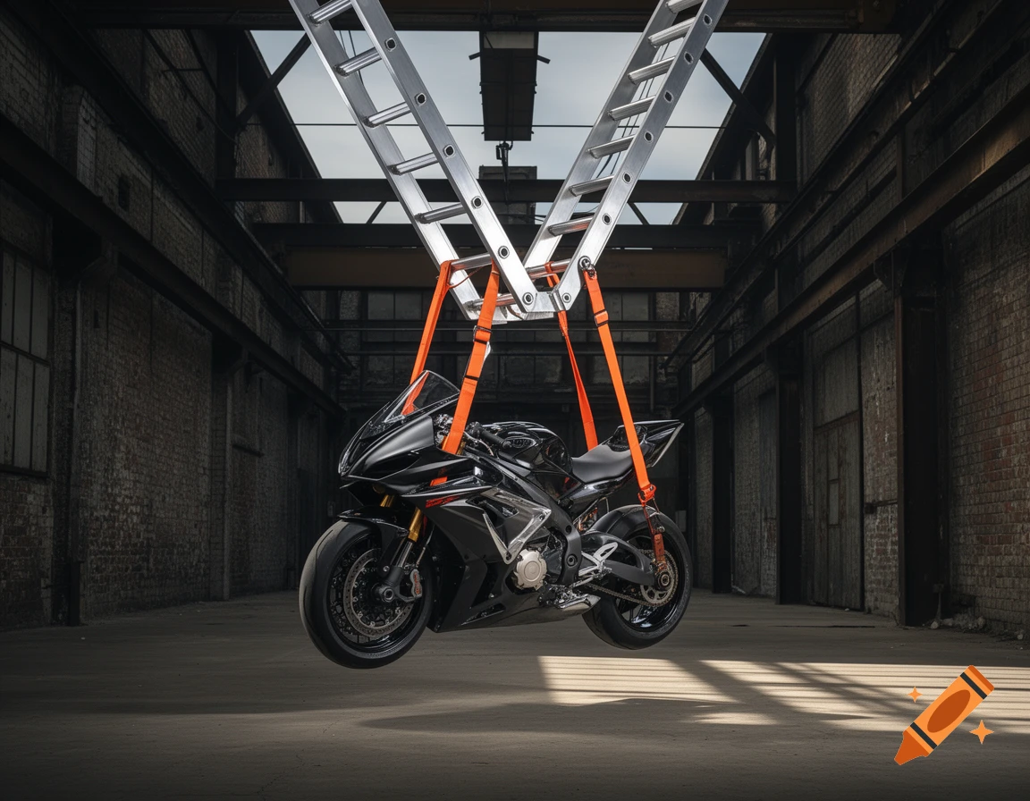 A black sport motorcycle is suspended by orange straps from an upside-down V-shaped ladder in a vast, empty industrial warehouse.