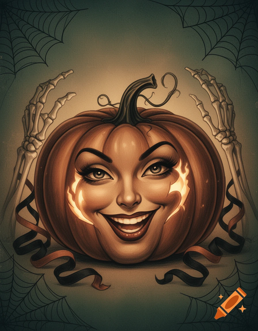 A vintage cartoon illustration of a pumpkin with a woman's face carved into it, flanked by skeleton hands and spiderwebs.
