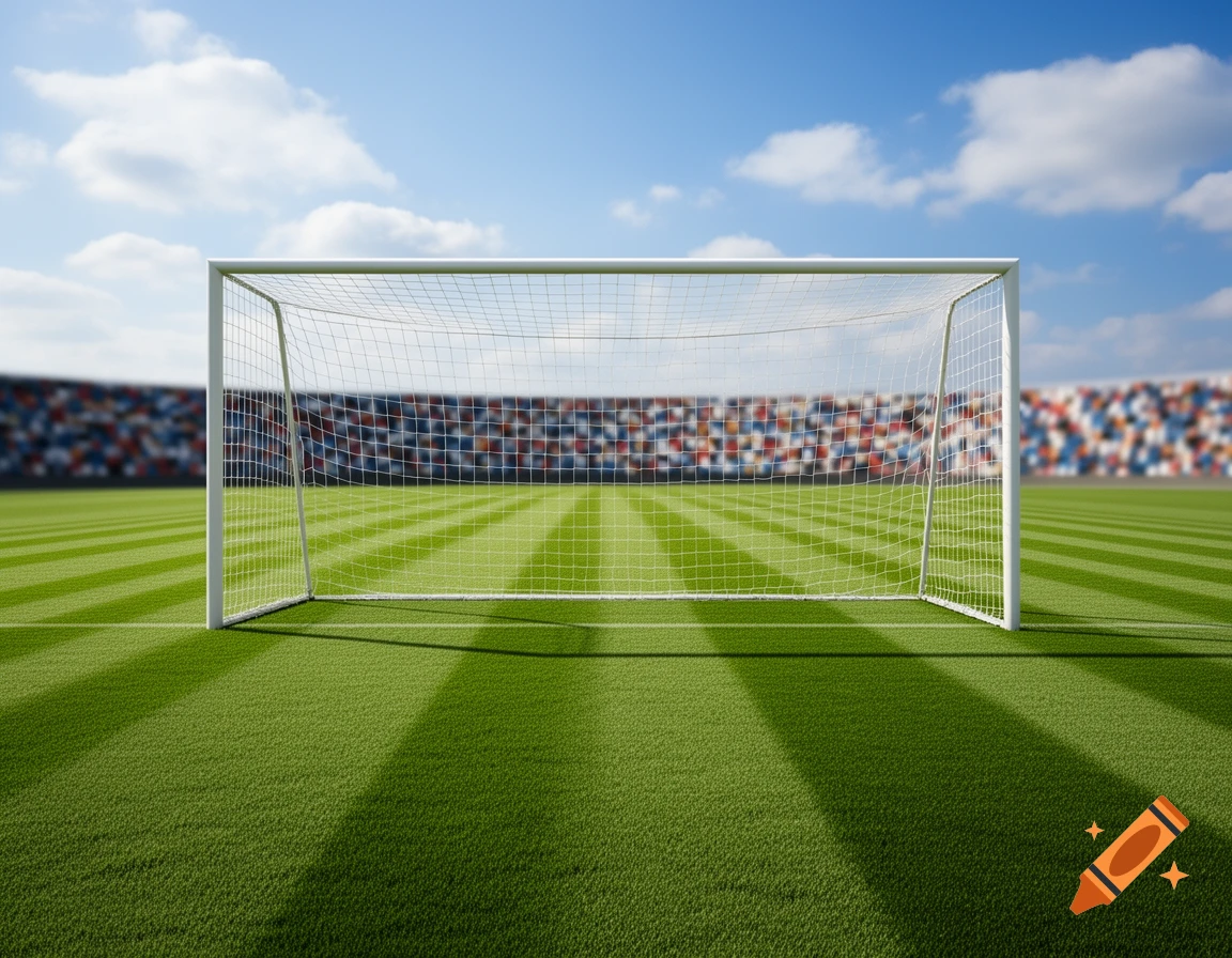 A white soccer goal centered on a green soccer field with striped patterns, under a blue sky with clouds. Blurred stadium seating is in the background.