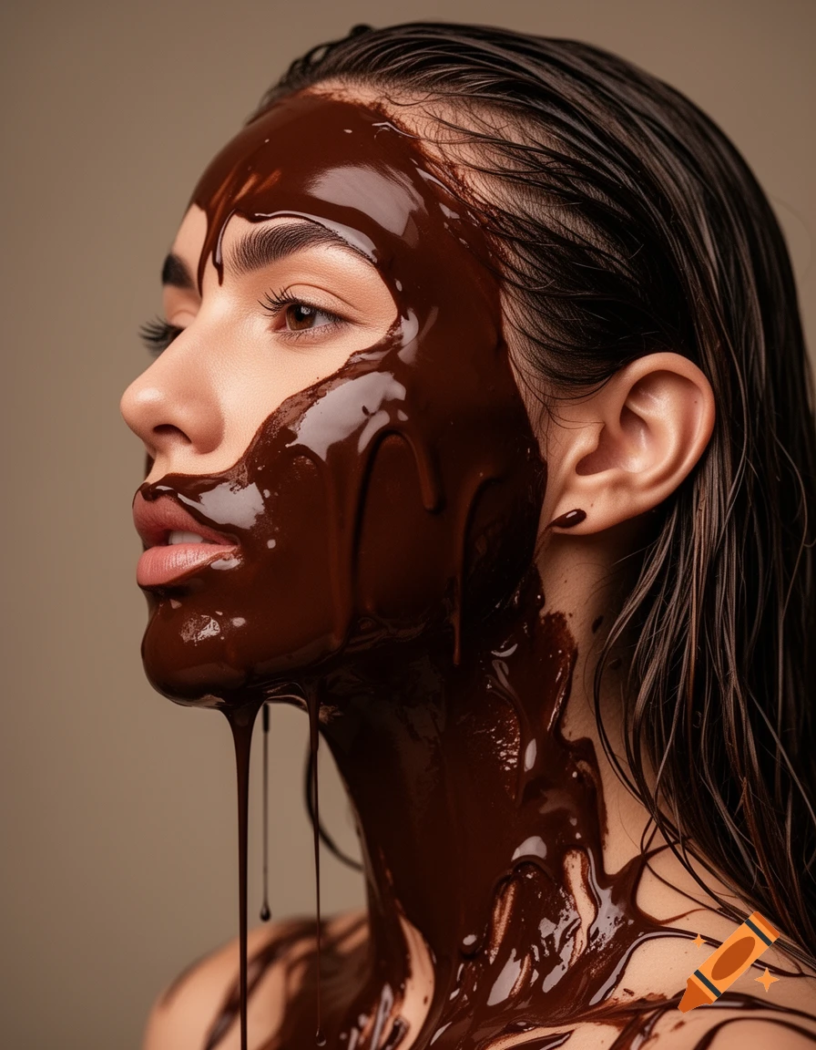 Close-up photorealistic portrait of a woman covered in dripping melted chocolate, looking left.