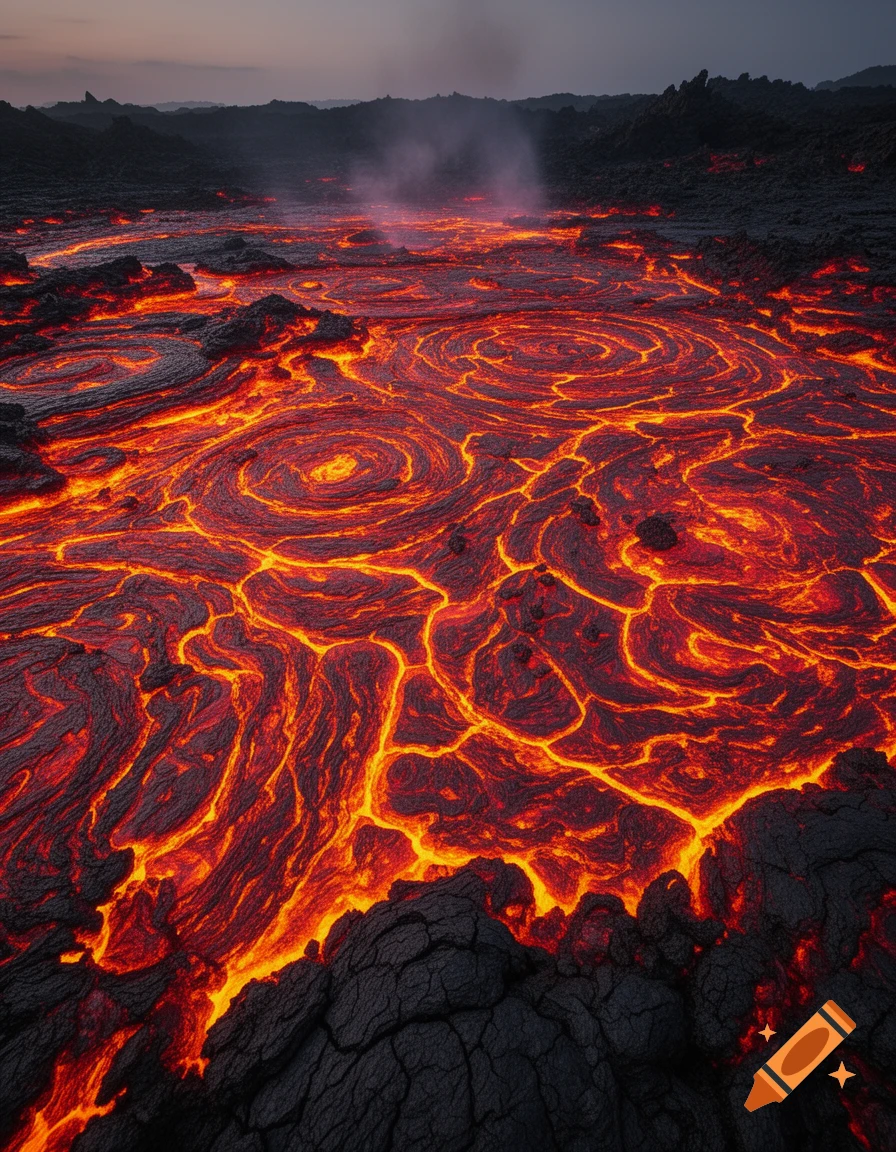 A wide view of a lava field with bright orange-red magma flowing in intricate patterns over dark, cracked volcanic rock, under a dramatic sky.