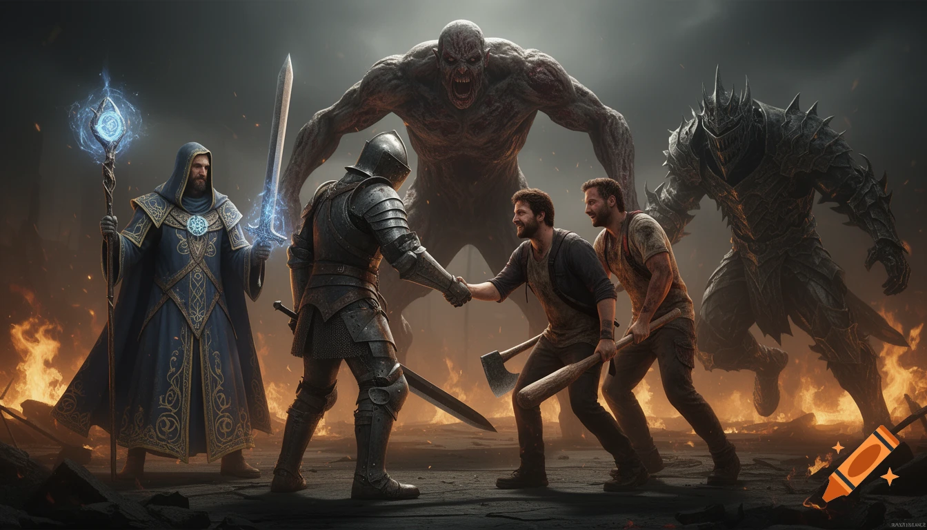 A wizard, knight, and two men shake hands in a fiery fantasy battleground with a giant zombie and a monstrous armored figure.