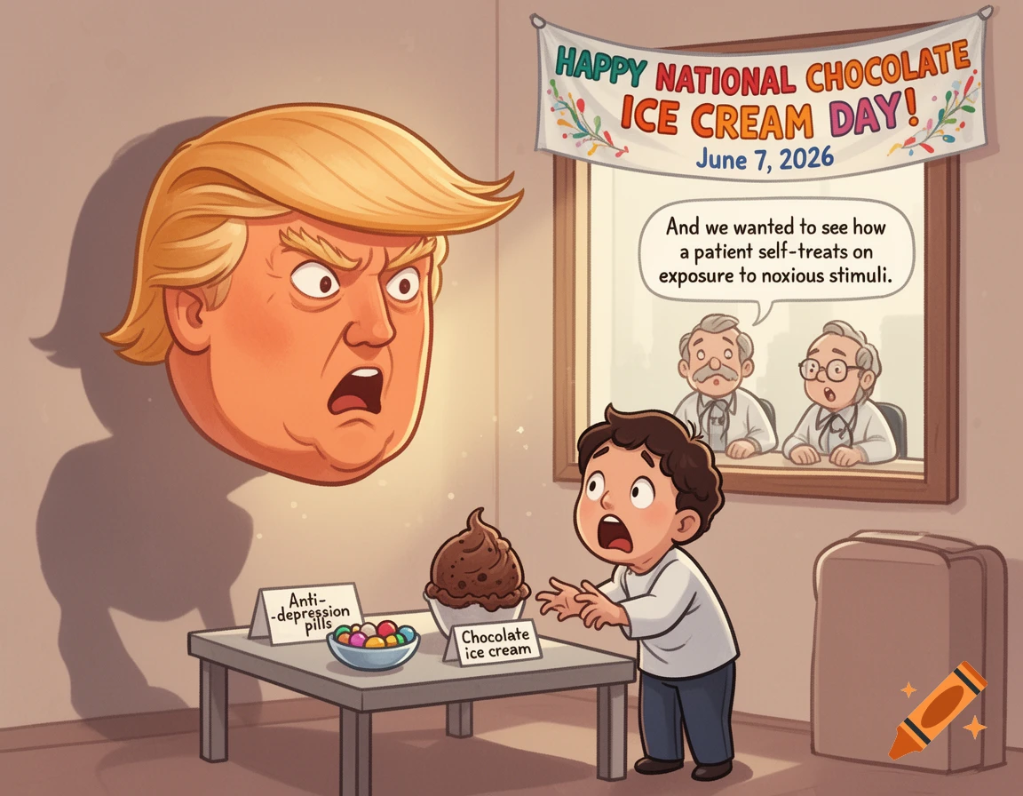 Cartoon of a scared boy reaching for chocolate ice cream, while a projected head of Donald Trump screams at him. Two psychiatrists observe from a window, and signs label "Anti-depression pills" and "Chocolate ice cream". A banner reads "Happy National Chocolate Ice Cream Day! June 7, 2026".