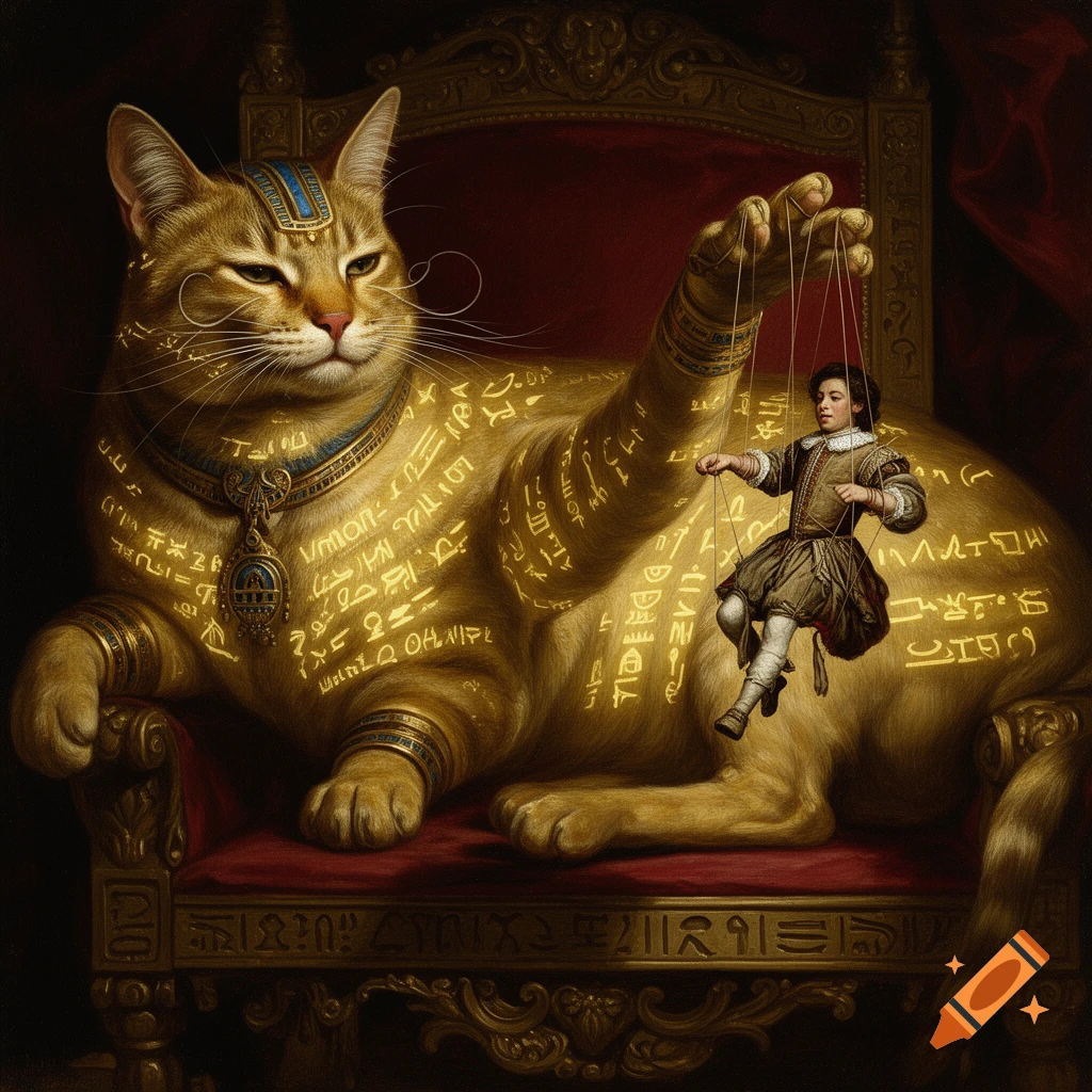 A majestic oversized Egyptian cat with glowing hieroglyphs on golden fur sits on a throne, manipulating a tiny human marionette. Oil painting style.