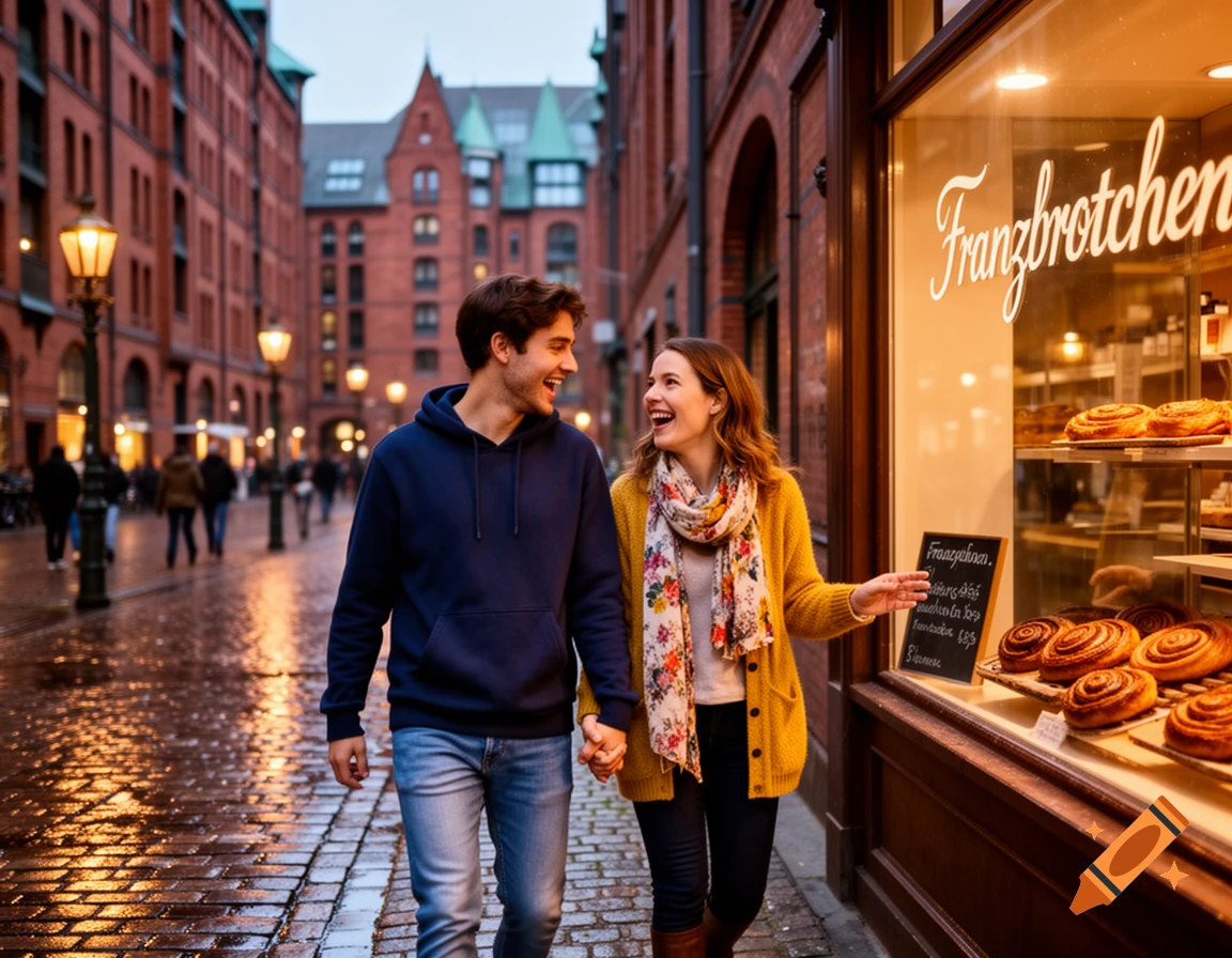 A happy couple walks hand-in-hand on a wet cobblestone street at dusk, looking at Franzbrötchen in a bakery window, photorealistic.