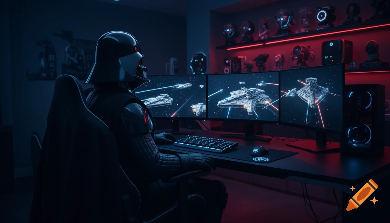 Darth Vader in a dark room, gaming on a triple monitor setup showing Star Wars spaceships, lit by red and blue neon.