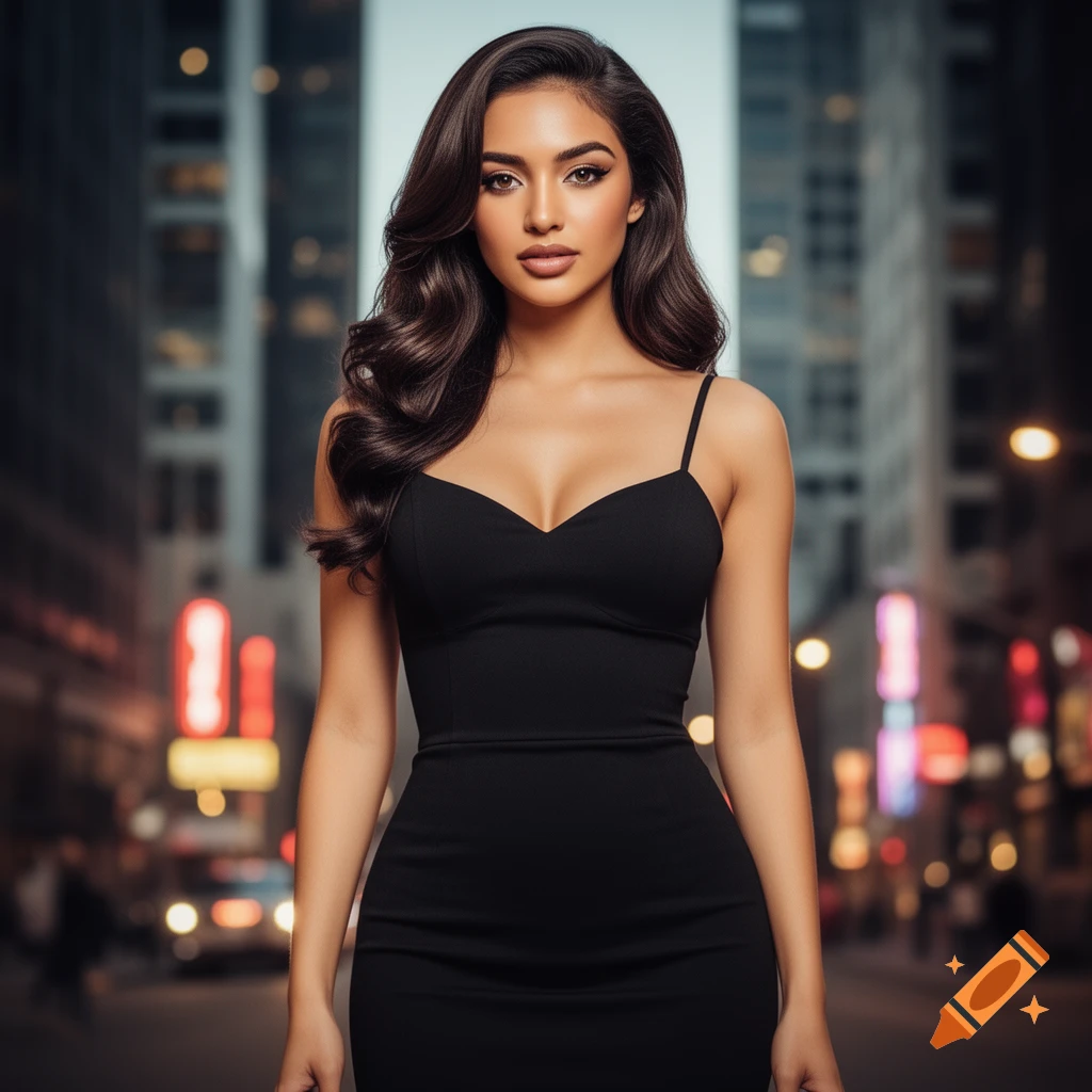 Photorealistic image of a woman in a black dress standing on a city street at night.
