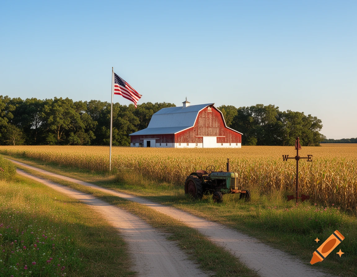 Photorealistic image of a red barn and an old tractor in a golden cornfield with an American flag flying, under a clear blue sky.