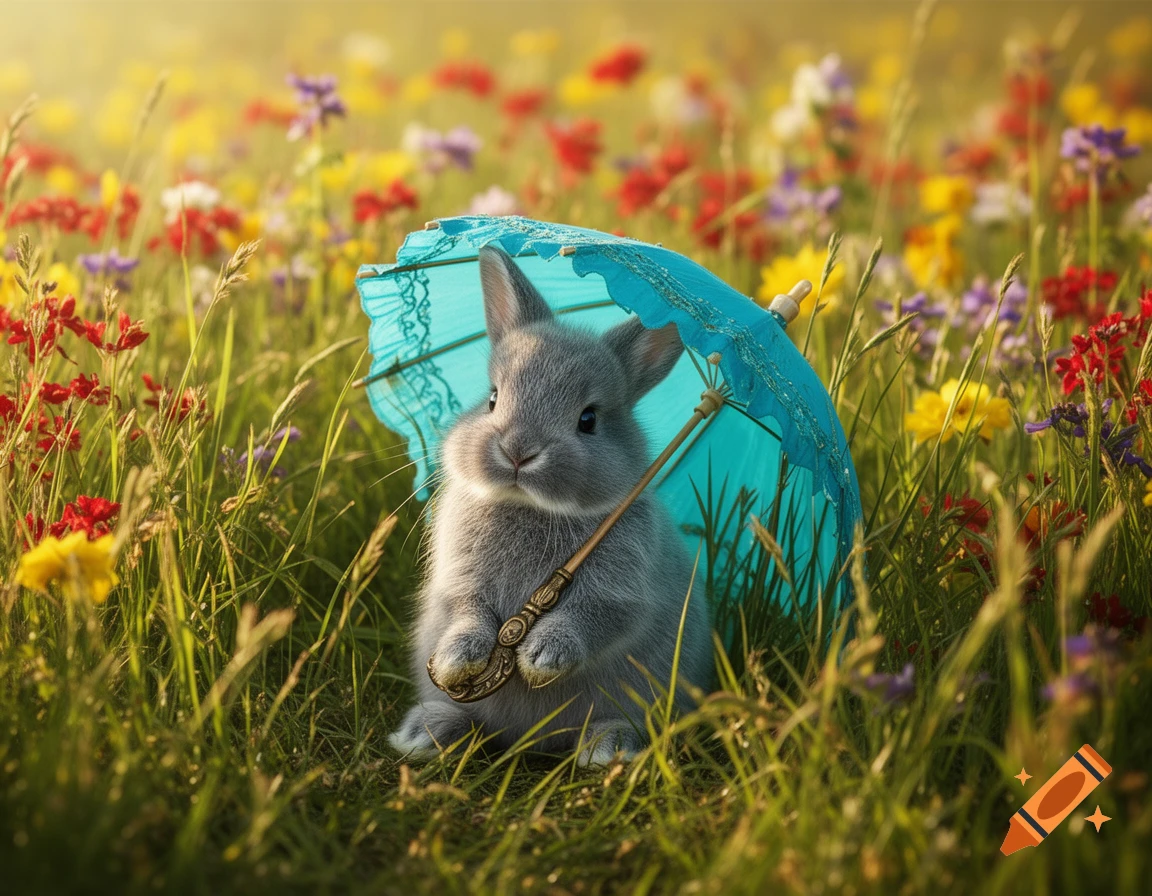 Photorealistic gray baby bunny holding a turquoise sun parasol in a vibrant field of wildflowers and tall grass.