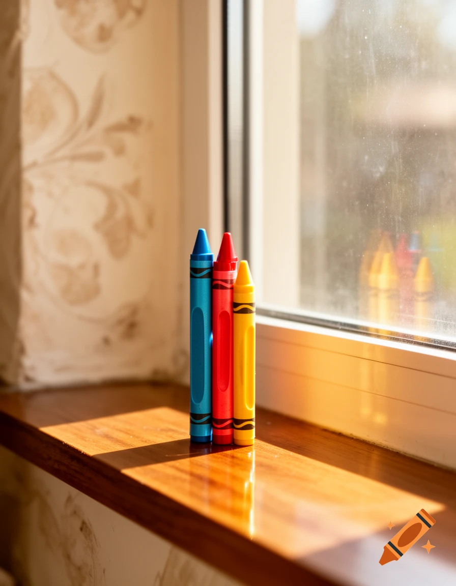 Three colorful crayons (blue, red, yellow) stand on a sunlit wooden windowsill, casting long shadows.