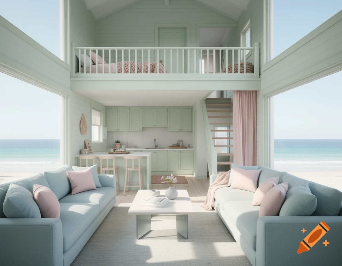 A bright, open-plan beach house interior with a living room, kitchen, and loft, featuring pastel blue and green tones and large windows overlooking the ocean.