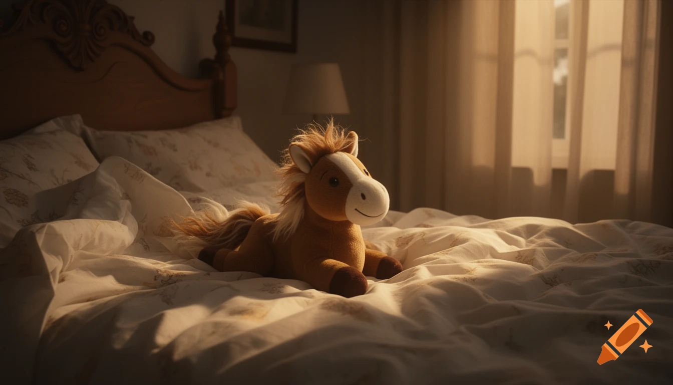 A cute brown and white stuffed horse with a fluffy mane and tail lies on a rumpled bed, bathed in soft sunlight from a window.