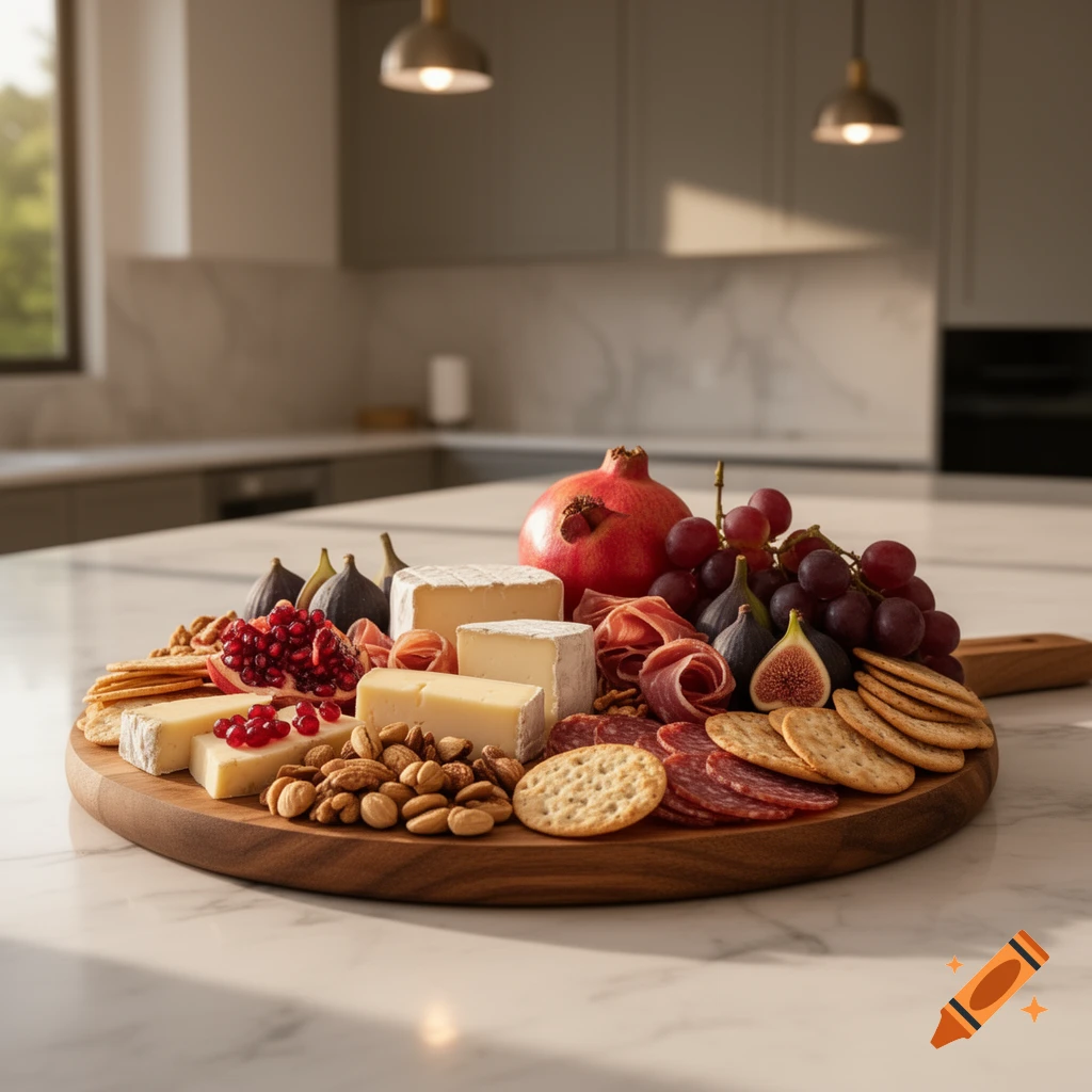 Photorealistic charcuterie board with cheese, meats, grapes, figs, pomegranates, nuts, and crackers on a marble counter in a modern kitchen.