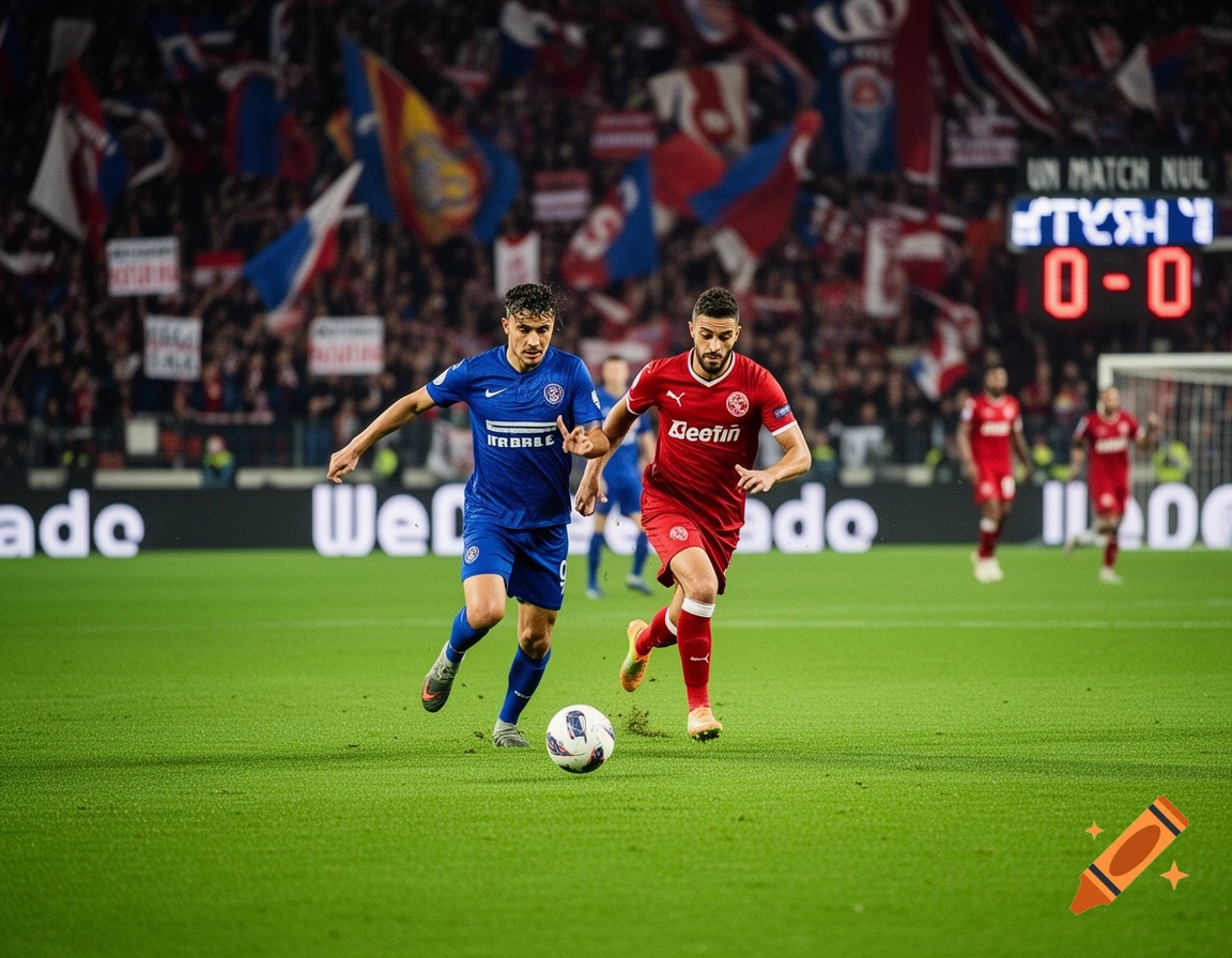 Two football players, one in blue and one in red, run after a soccer ball on a green field in a stadium with a scoreboard showing "UN MATCH NUL 0-0" and a crowd in the background.