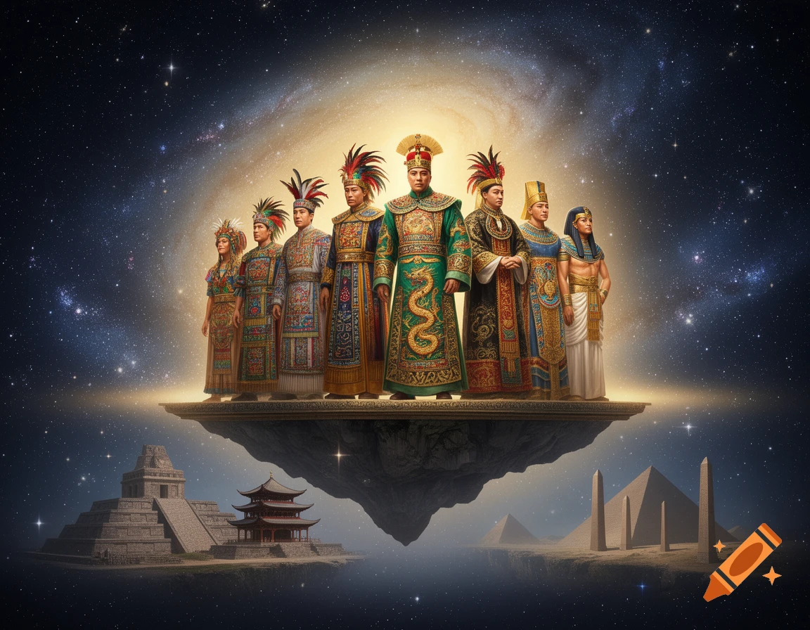 Ancient leaders from diverse cultures, including Chinese, Egyptian, and Mayan, stand on a floating island above their monuments, under a starry galaxy.
