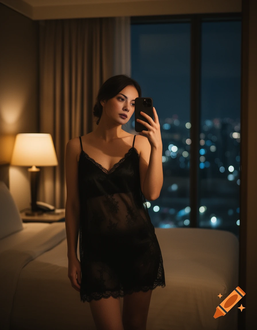 A woman in a sheer black nightie takes a cinematic mirror selfie in a luxury hotel room at night, with city lights blurred outside.