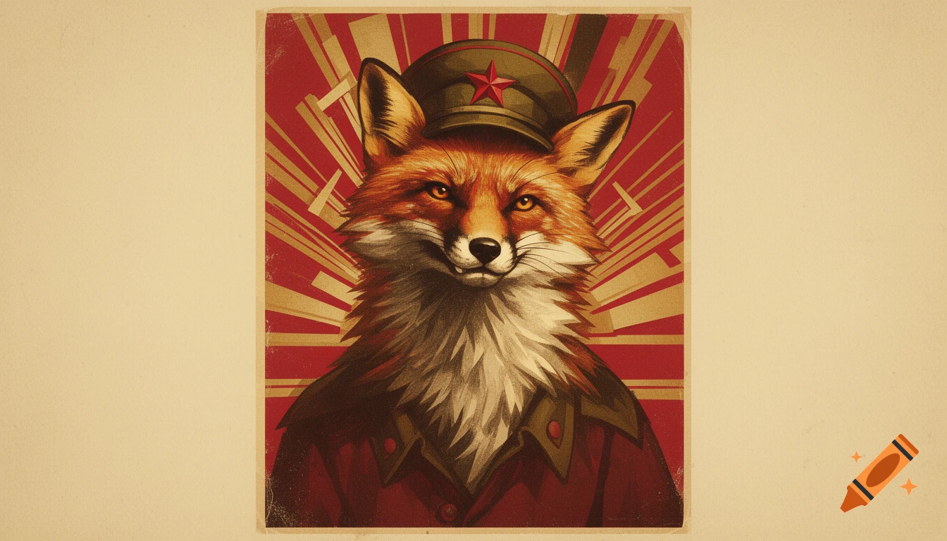 A fox wearing a Soviet military hat in a propaganda poster style, against a red and gold starburst background.