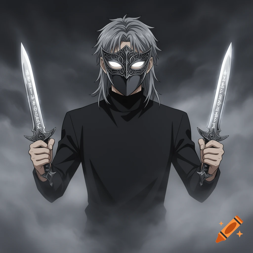Anime-style masked figure with gray hair and bright eyes, holding two glowing daggers with runes.