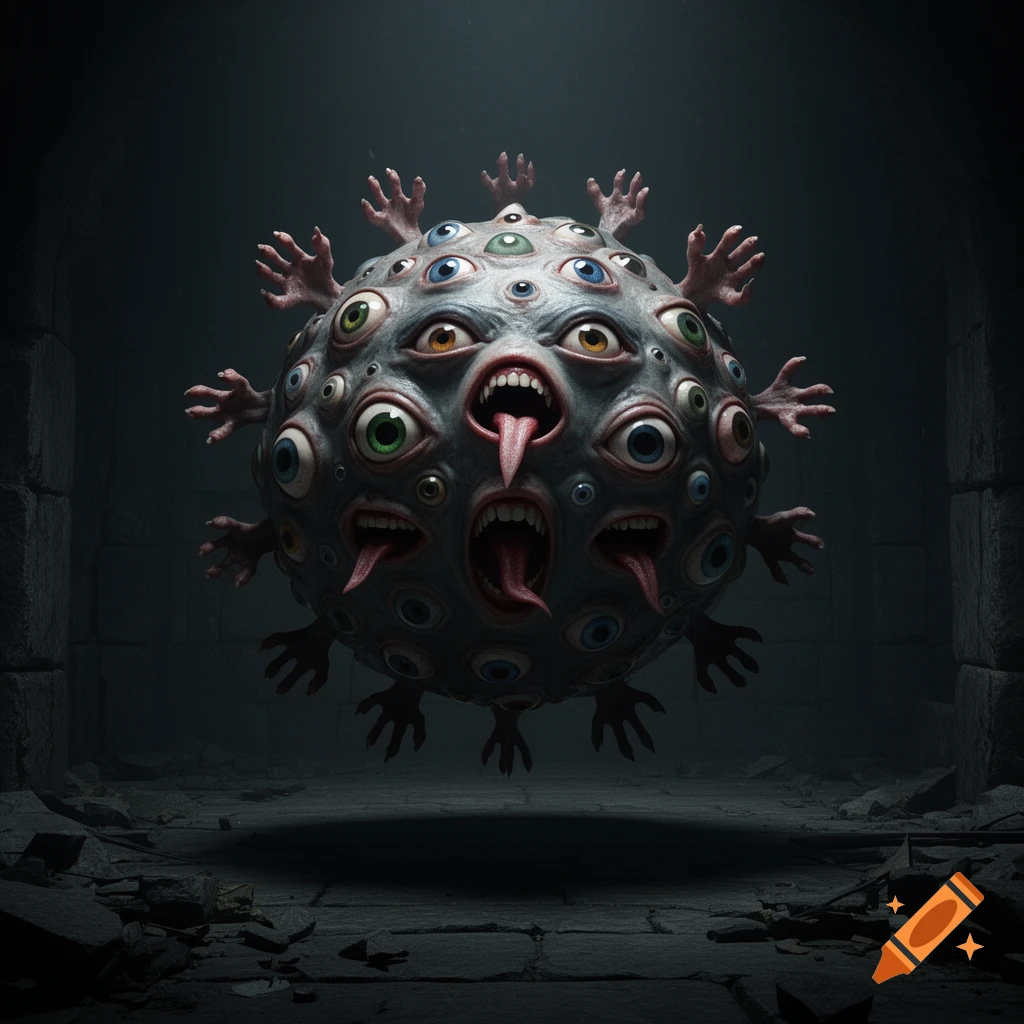A grotesque, floating spherical monster covered in numerous eyeballs, open mouths with long tongues, and many malformed hands, in a dark, ruined chamber.