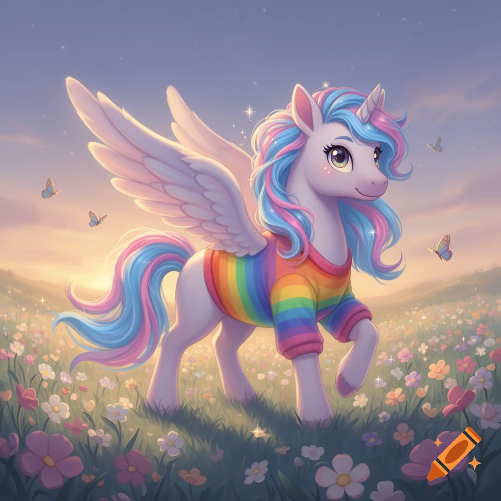 A cute cartoon pegasus unicorn with a rainbow shirt, blue and pink mane, stands in a field of colorful flowers under a pastel sky with butterflies.