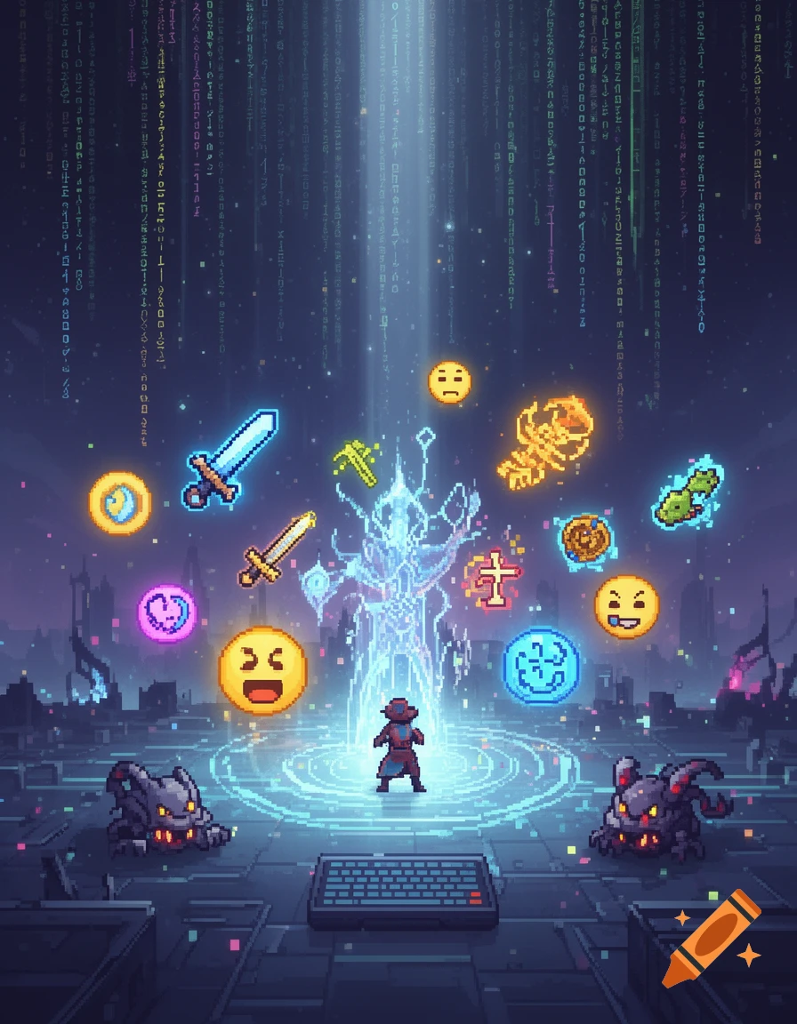 Pixel art RPG scene with a character, monsters, keyboard, and floating emojis under digital matrix code.