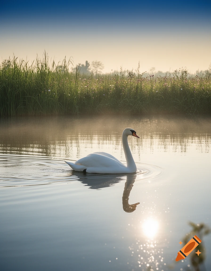 A photorealistic image of a white swan swimming on a tranquil, misty lake at sunrise, with tall grass on the far bank.