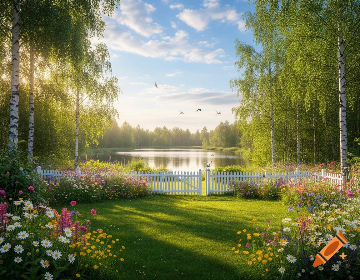 A vibrant summer landscape with a picket fence garden full of colorful flowers, green lawn, birch trees, and a serene lake under a blue sky.