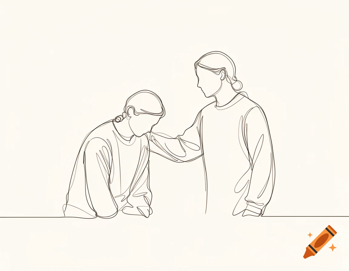 Minimalist line art illustration of one person placing a hand on another's shoulder in support.