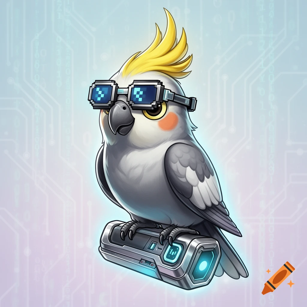 Cartoon cockatiel wearing pixelated glasses, standing on a futuristic device, with a tech background.