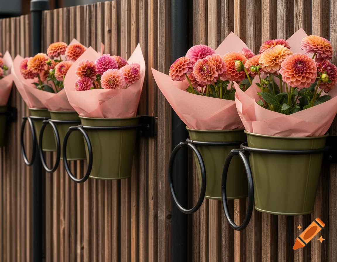 Close-up of olive green buckets holding pink and orange dahlias wrapped in pink paper, hanging on a rustic wooden fence.