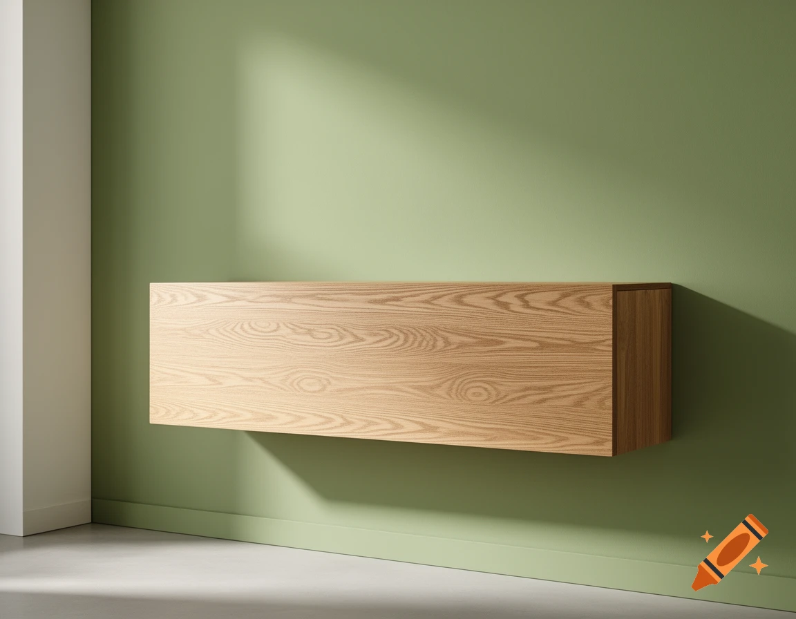 A modern floating oak sideboard against a sage green wall with subtle shadows.