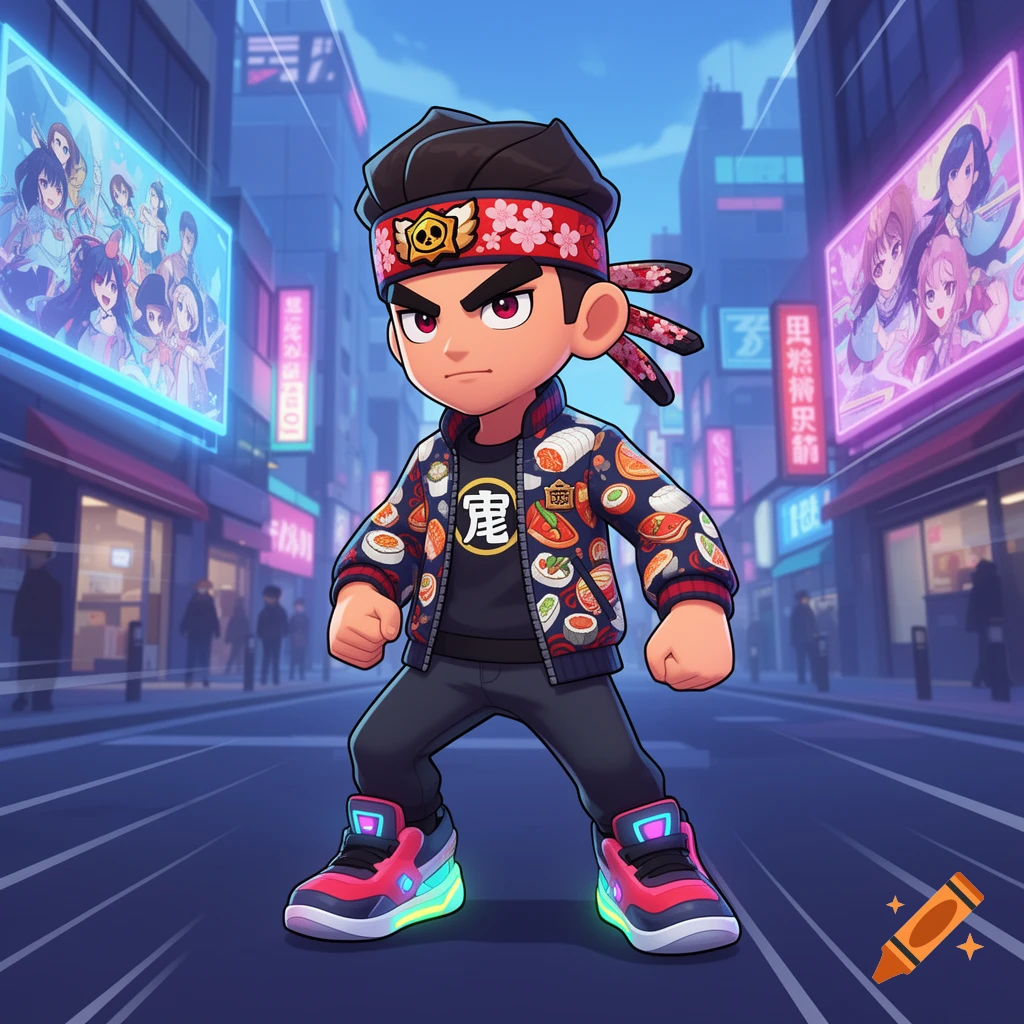Stylized cartoon character of a young boy wearing a sushi-patterned jacket, red headband with a skull, and glowing sneakers, standing in a cyberpunk-style Japanese city street at night with neon signs.