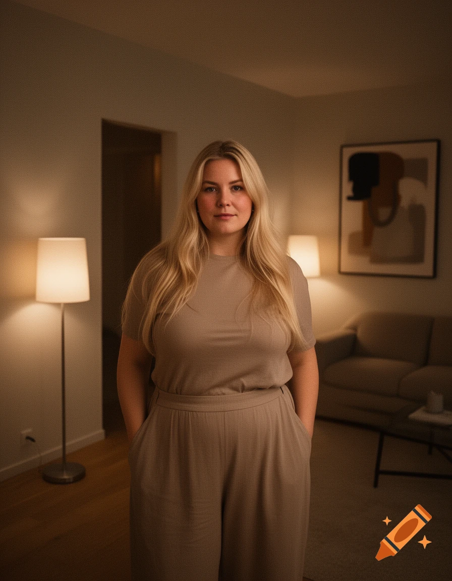 A blonde woman in a beige outfit stands with hands in pockets, looking at the camera in a softly lit room.