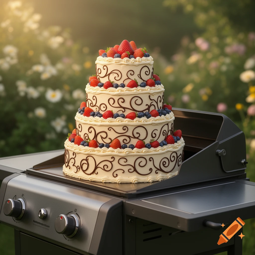 A four-tier white cake with fruit and chocolate swirls sits on a black gas grill in a sunny garden.