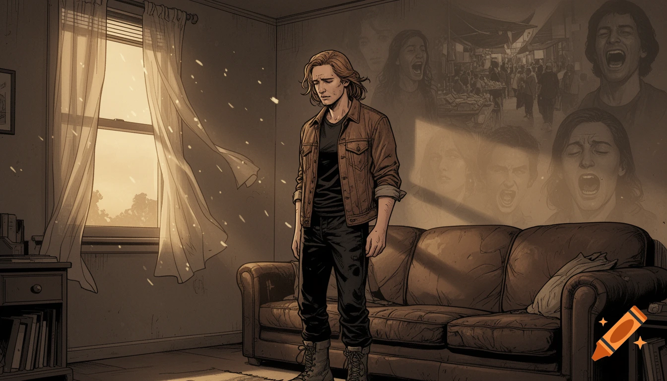 A man stands in an apartment, haunted by translucent, screaming faces and a bustling market scene, in a comic book style.