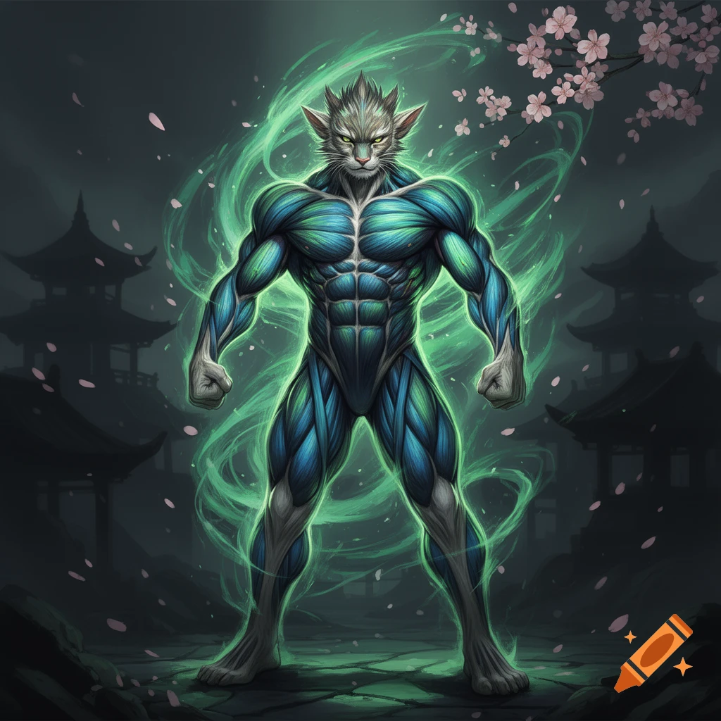 A muscular anthropomorphic cat glowing with green energy stands in a dark Japanese landscape with cherry blossoms.