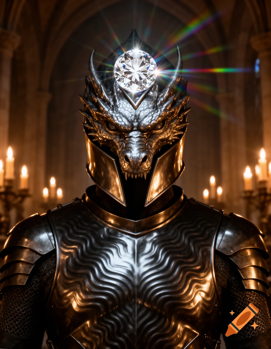 A photorealistic image of a knight in dark dragon-shaped armor, a blazing diamond on the helmet's forehead, in a candlelit hall.