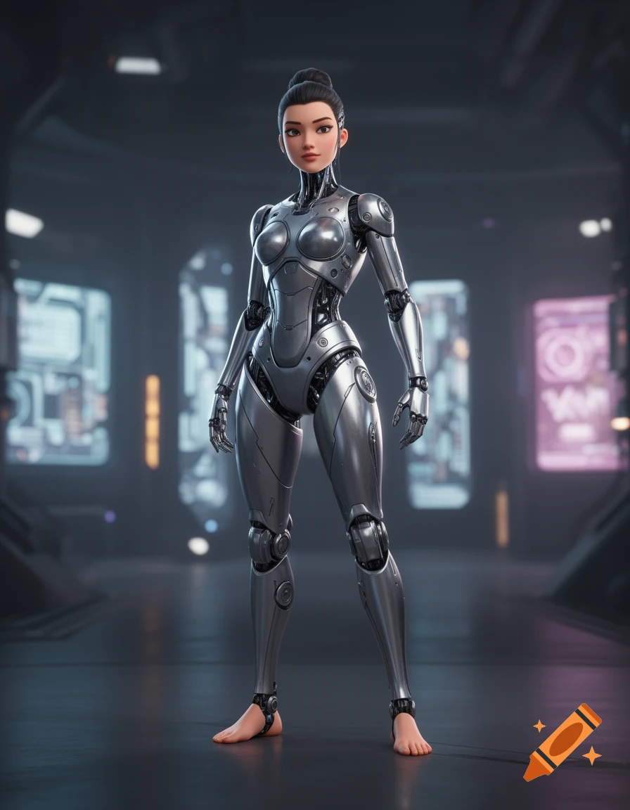 A stylized 3D animated robot with a human-like face and bare feet, standing in a futuristic metallic room.