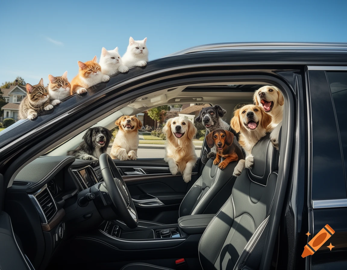 Happy cats and dogs peek out of the windows and sunroof of a black SUV, on a sunny day.