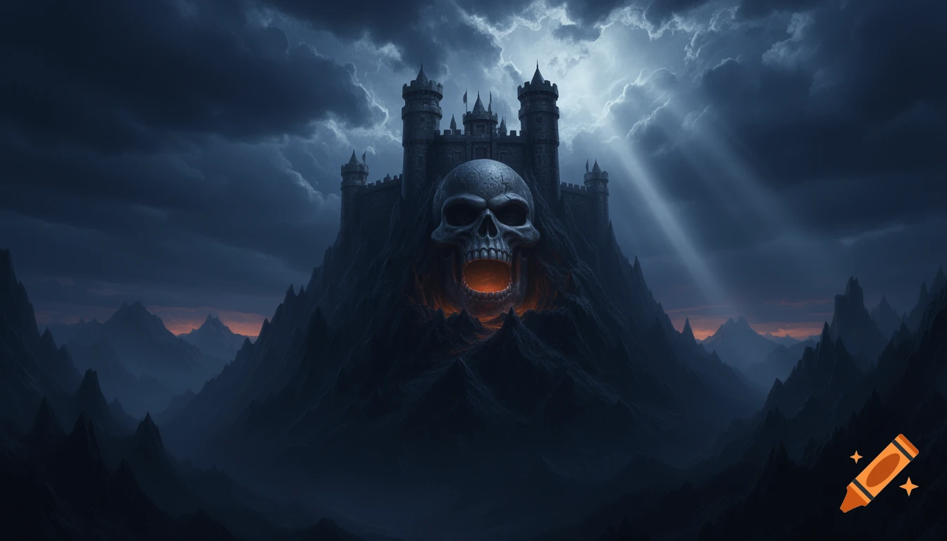A dark, ominous fantasy castle with a giant skull entrance embedded in a mountain, under a stormy sky with god rays.