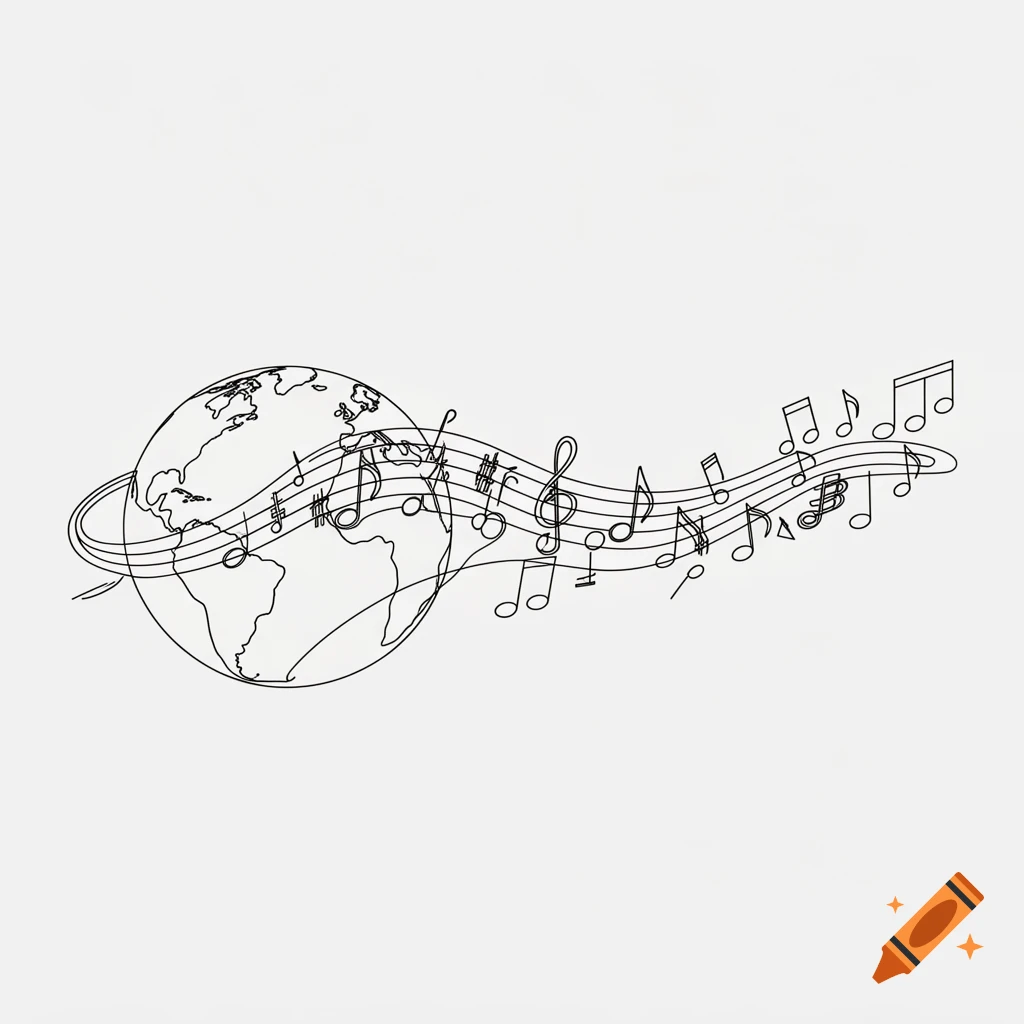 Line art illustration of a globe with musical notes and a staff wrapped around it, on a white background, minimalist style.