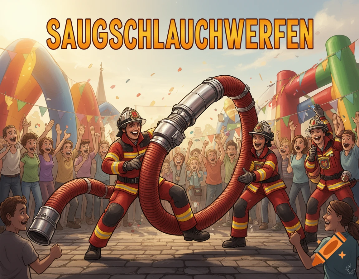 Cartoon illustration of firefighters playing 'Saugschlauchwerfen' (hose throwing) at a lively outdoor event with a cheering crowd and inflatables.