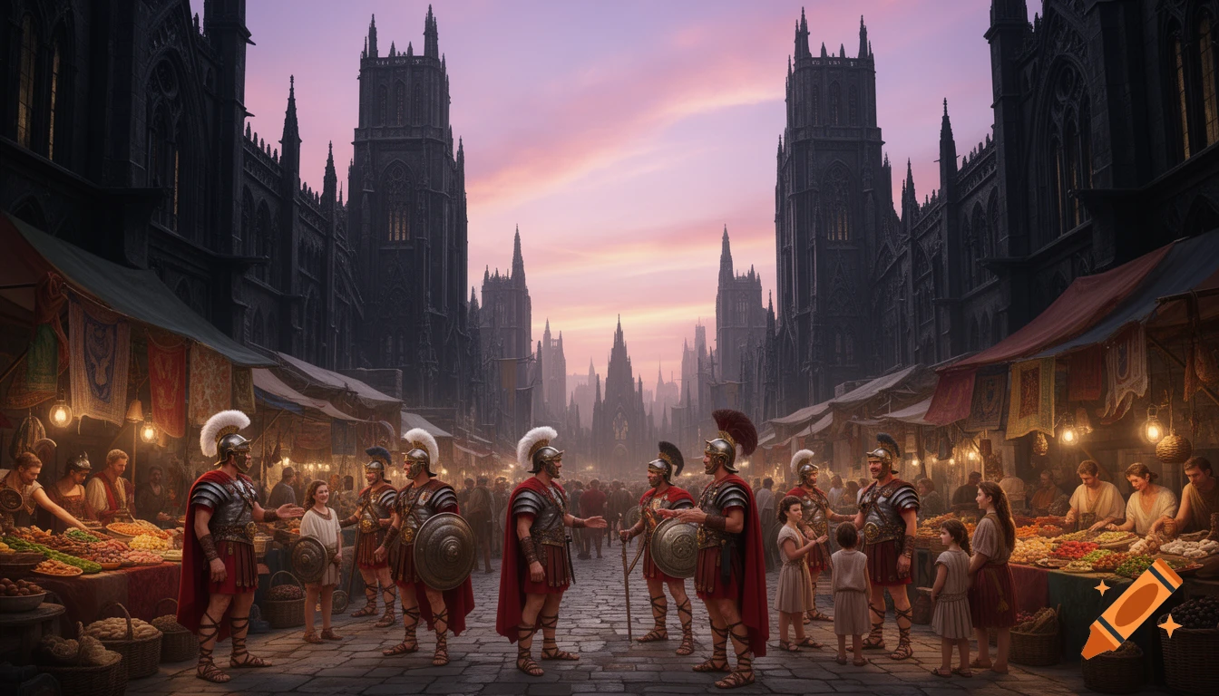 Cinematic view of an ancient Roman market street in a dark gothic fantasy city, with legionaries and citizens under a pink sunset sky.