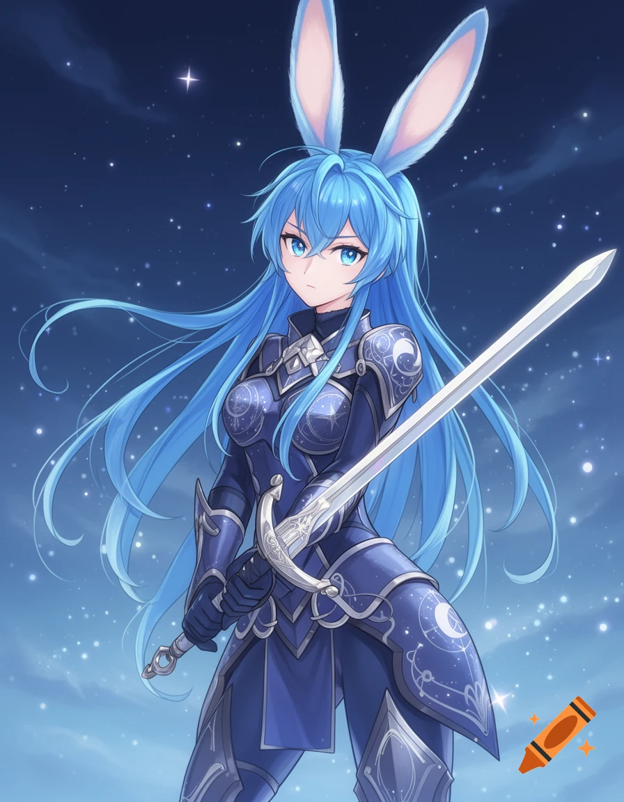 Blue-haired anime girl with bunny ears in dark blue fantasy armor holding a sword under a starry night sky.