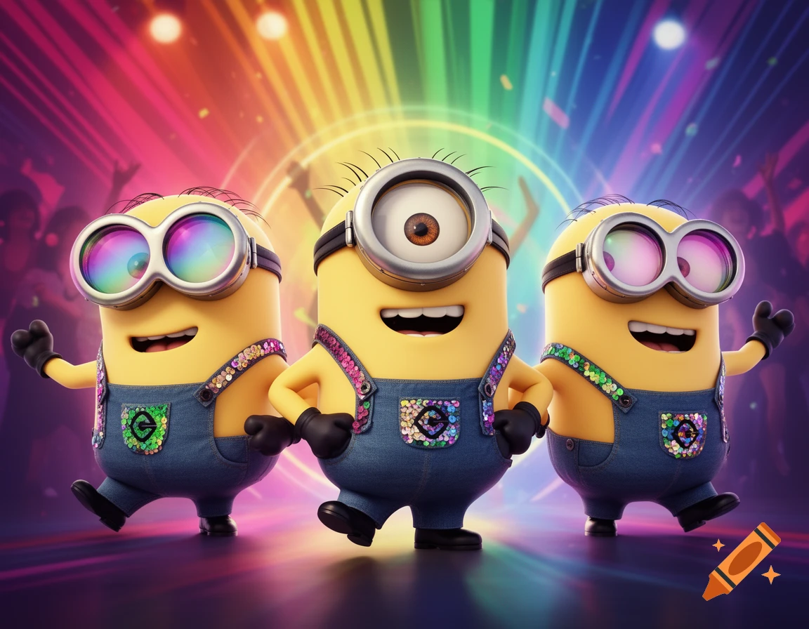 Three animated Minions in sequined denim overalls and rainbow goggles dance in a colorful, illuminated party scene.