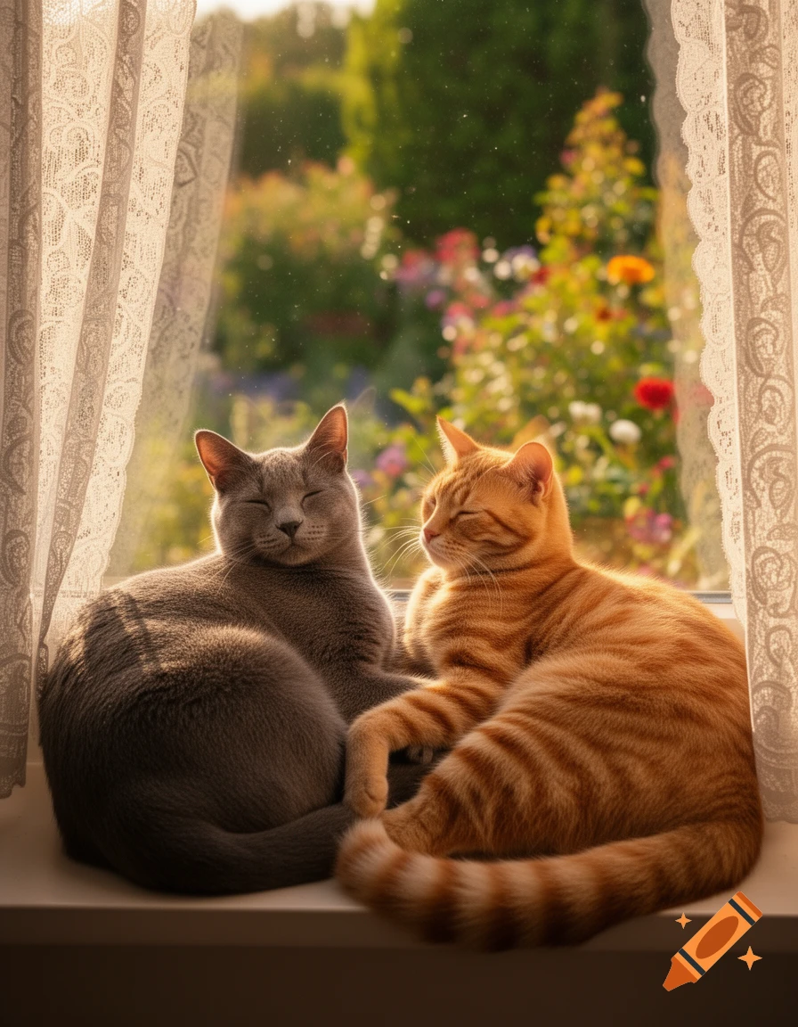 A grey cat and an orange tabby cat lounge on a sunlit windowsill, looking out at a vibrant garden.